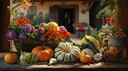 Autumn still life with pumpkins and flowers in front of a rural house. Generative AI.