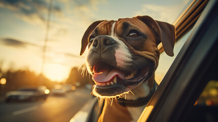 Happy dog peeking out of a car window summer vacation travel - Generative AI