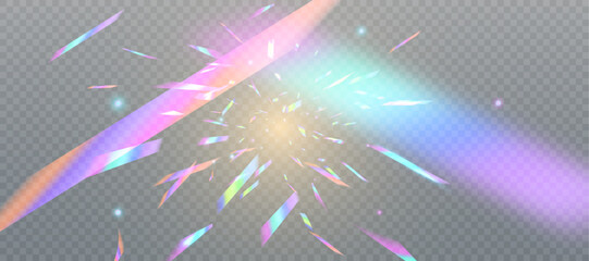 Holographic distortion of glare from flying confetti. Rainbow bokeh with a light glitch effect on a transparent background. Realistic diamond reflection, rainbow light optical effect - obrazy, fototapety, plakaty