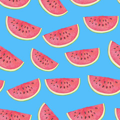 Watermelon slice seamless pattern. Drawn with colored pencils. Watermelon background. Seamless pattern with watermelons slices.  Summer fruit.