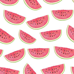 Watermelon slice seamless pattern. Drawn with colored pencils. Watermelon background. Seamless pattern with watermelons slices. Summer fruit.