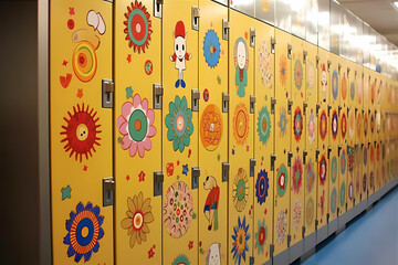 Lockers at school lining the walls, decorated with colorful stickers and personalized magnets. Back to school concept.