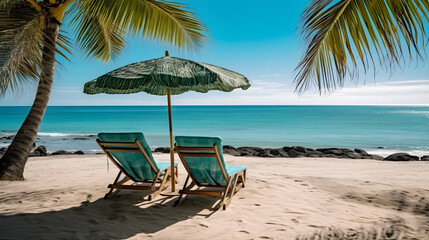 Obraz na płótnie Canvas lounge chairs on the beach. sunbath by a tropical sun under the palm trees and umbrellas