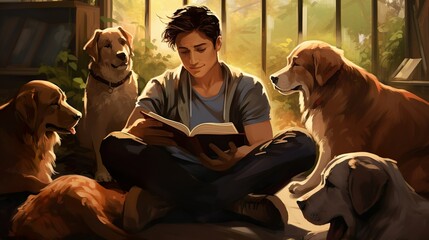 Tranquil Companionship: Volunteer Reading Book to Shelter Dogs made with Generative AI