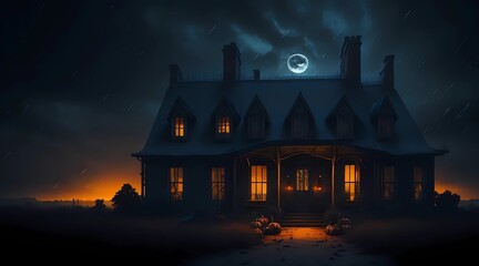 horror on halloween, big terrorific mansion with orange and black colors, scary house on halloween, tenebrous orange lights, weird house in the woods, horror on halloween, by generative ai