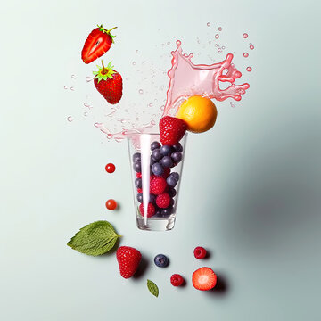 A simple and natural food concept. The idea of a healthy snack. Several different types of fruit in a glass cup. Fruit smoothie. Fruity liquid that overflows.Dynamic concept and bright colors.