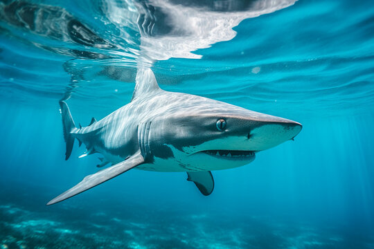 Magnificent blue shark swimming calmly in the ocean
