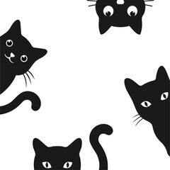 Illustration set of cute black cats peeking out on a white background - obrazy, fototapety, plakaty