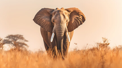 Obraz premium A majestic African elephant standing in a sunlit savannah, showcasing its enormous tusks. Vulnerability of this endangered species