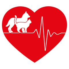 Illustration of a logo of a veterinary clinic. Pets on the background of a heart with a pulse