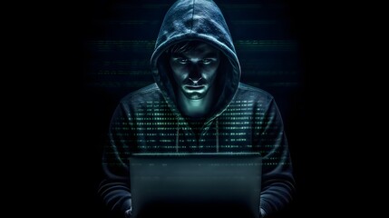 Internet privacy theft lurking in background. Anonymous hacker. Cyberpunk future. Cybersecurity breach. Generative Ai.