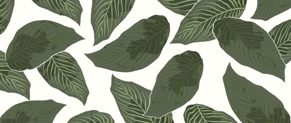 Obraz premium Luxurious nature, vector background. Foliage pattern, tropical leaves on a white background with a watercolor texture made by hand. Exotic languid green design, for print, decor, fabric.