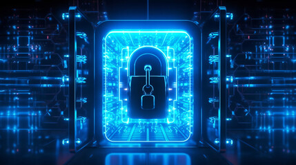 Unassailable Defense: An Image of a Dark Blue Glowing Lock Symbolizing Cyber Security, Meticulously Rendered by Generative AI
