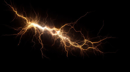 A powerful light orange lightning electrical strike or bolt on a black background