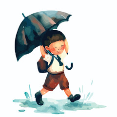 Kids playing in the rain watercolour illustration vector 