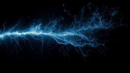 A powerful light blue lightning electrical strike or bolt on a black background