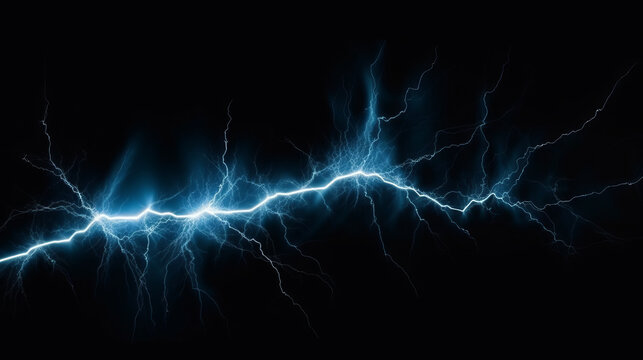 A powerful light blue lightning electrical strike or bolt on a black background