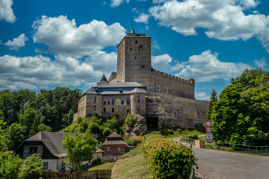 Aerial view of Kost castlein Libosovice , built in high Gothic style, White Tower keep surrounded by 2 concentric walls in the Bohemian Paradise
