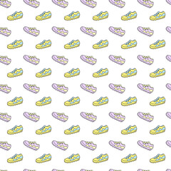Pastel Blue and yellow Pattern of sport elements made in doodle style. Pastel colors Doodle sneakers. Sport object for banner design or textiles. Cute cartoon character