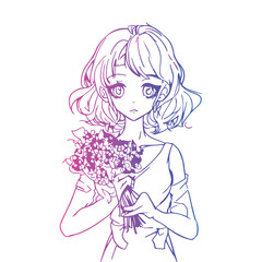 Outline drawing young hot girl holding flowers cartoon anime lineart illustration