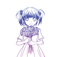 Fototapeta na wymiar Outline drawing young hot girl holding flowers cartoon anime lineart illustration