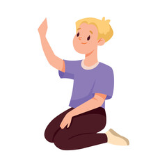Blond Kid Boy Sitting on the Floor with Raised Hand and Smiling Vector Illustration
