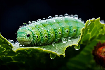 macro illustration of a green caterpillar on a leaf with dew drops