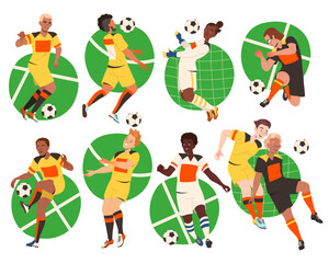 Man Football Player Kicking Ball Scoring Goal Vector Set