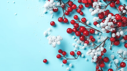 Red winter berries on a blue background, generative AI.