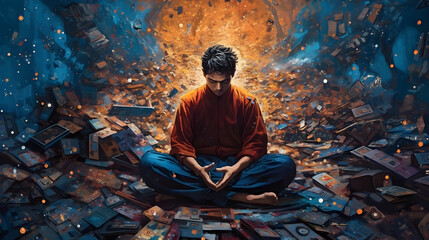 Fototapeta premium Mind Over Matter: Person meditating amidst chaos, demonstrating the power of mindfulness and mental focus. Generative ai.