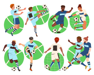 Man Football Player Kicking Ball Scoring Goal Vector Set