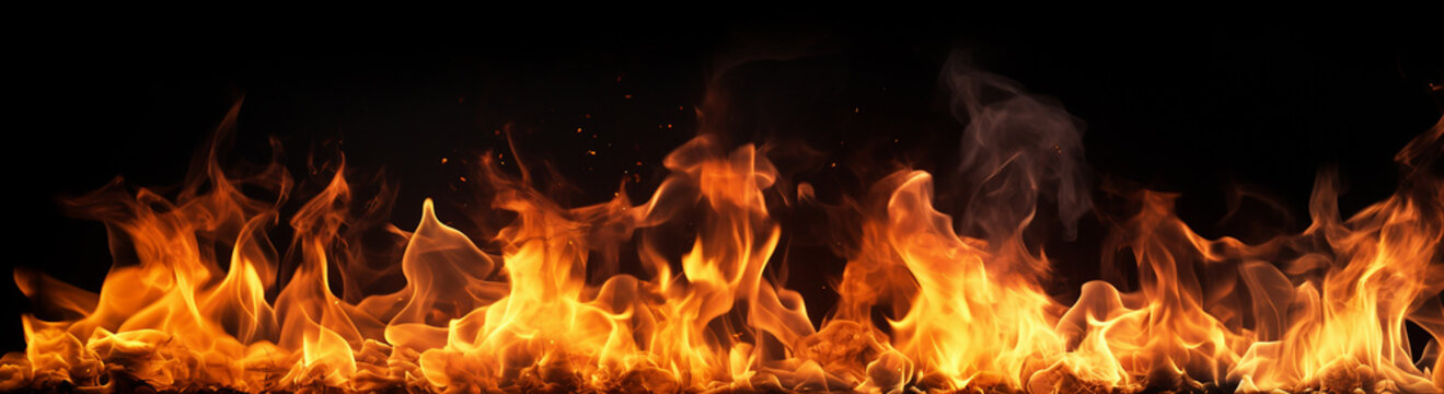 Fire flames on a black background, fire flames, close up stock photo, flames against a black background