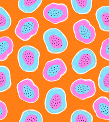 Simple Colorful Geometric Seamless Pattern. Pink-Blue Round Shaped Elements with White Outline and Black Spots on an Orange Background.Creative Vibrant Color Repeatable Print ideal for Fabric,Textile.