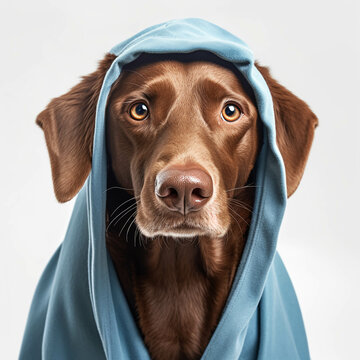 Perro con hoodie azul, fondo blanco. ia generada