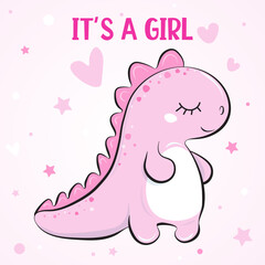 Baby girl birthday card with drawn dinosaur