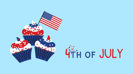 4th July background. Cupcakes with cream in national colors of American flag. Independence day USA poster with copy space. Vector illustration isolated on blue backdrop