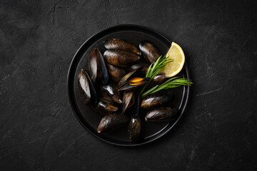 Plate with musse, lemon and rosemary on white background