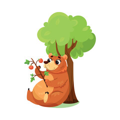 Cute Brown Bear Sitting Near Tree and Eating Berry as Forest Animal Vector Illustration