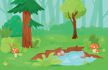 Forest Green Scene with Tree, Grass and Pond Vector Illustration