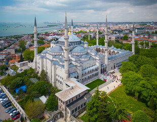 Blue Mosque Sultan Ahmet Camii aerial view in Sultanahmet in historic city of Istanbul, Turkey....