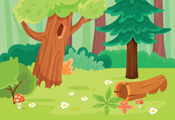 Forest Green Scene with Tree, Grass and Log Vector Illustration