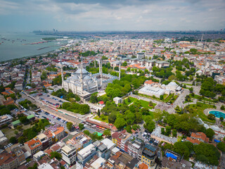 Blue Mosque Sultan Ahmet Camii aerial view in Sultanahmet in historic city of Istanbul, Turkey. Historic Areas of Istanbul is a UNESCO World Heritage Site since 1985. 