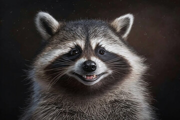 Portrait of realistic and adorable Raccoon with smile in forest. Closeup funny smiling animal face illustration. Humorous, entertaining animals, Heartwarming concept. Made with Generative AI