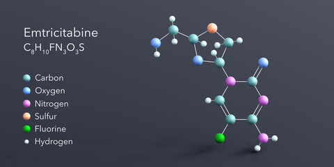 emtricitabine molecule 3d rendering, flat molecular structure with chemical formula and atoms color coding
