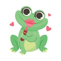 Cute Green Leaping Frog Character Sitting with Lipstick Vector Illustration