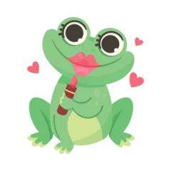 Fotobehang Cute Green Leaping Frog Character Sitting with Lipstick Vector Illustration © Happypictures