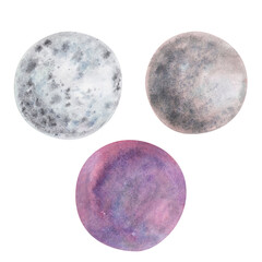 Full moon fantasy texture isolated on white background. Watercolor hand drawn magic moonlight illustration. Art design