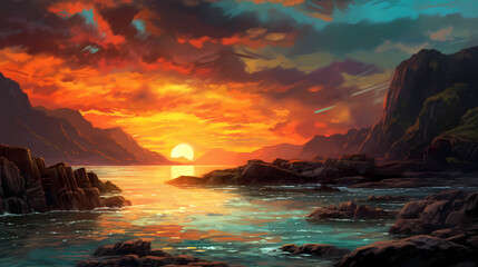 A Celtic Reverie: Enthralling Digital Painting of a Celtic Landscape Bathed in Sunset Glow, featuring Mesmerizing Water Bodies and Clouds, Inspired by Generative AI