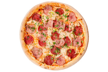 Pizza with salami, ham, sausage and tomato sauce. View from above