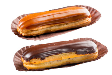 Eclairs cakes with chocolate cream and caramel